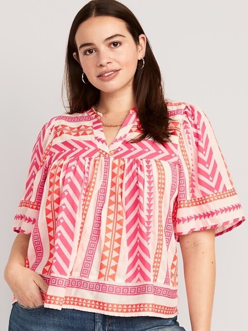 Old Navy Tribal Print Blouse 2X Pink Orange White V-Neck Pullover Aztec Babydoll